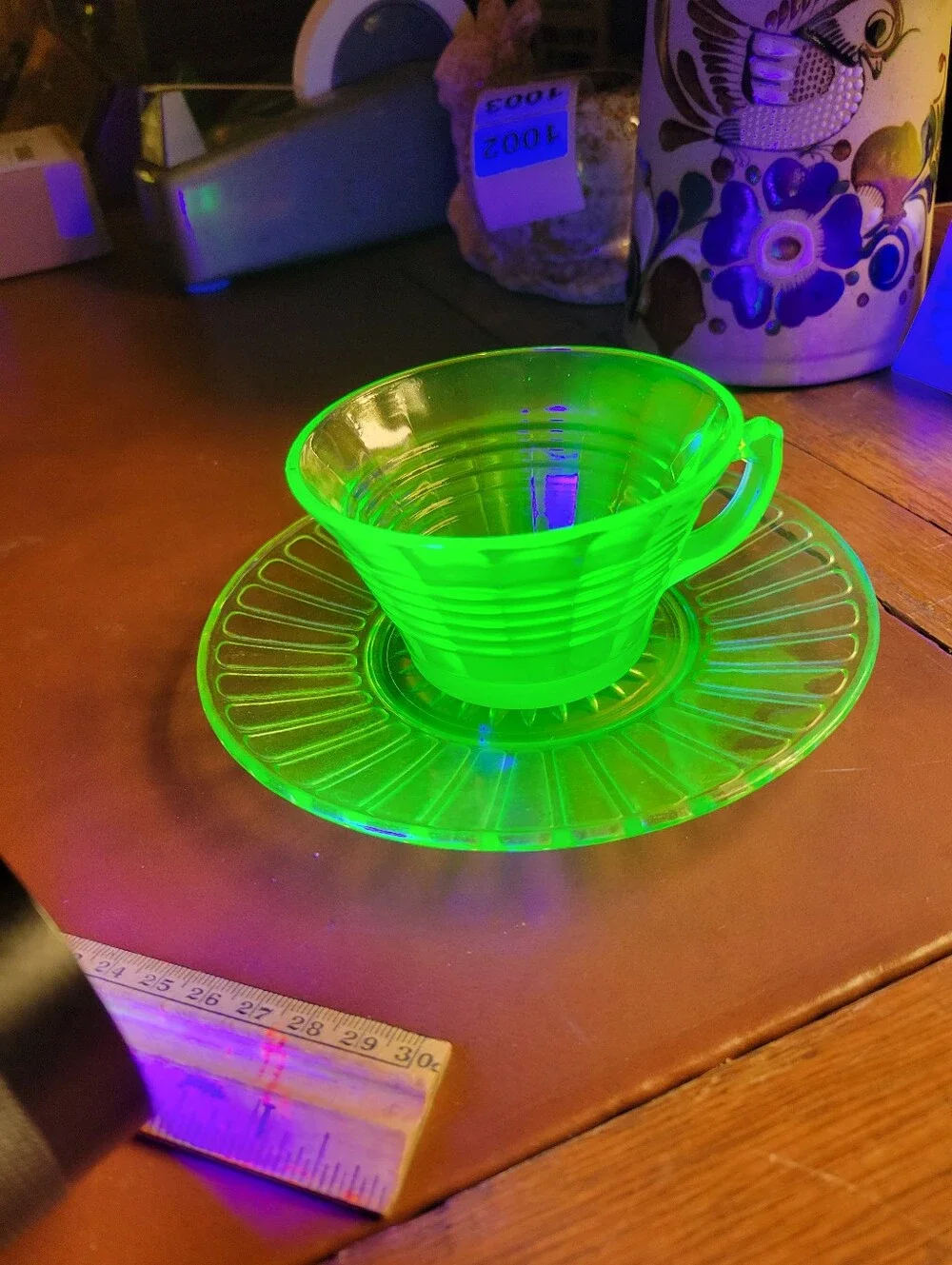Uranium Glass Vintage Tea Cup Saucer Set Green Depression Glass